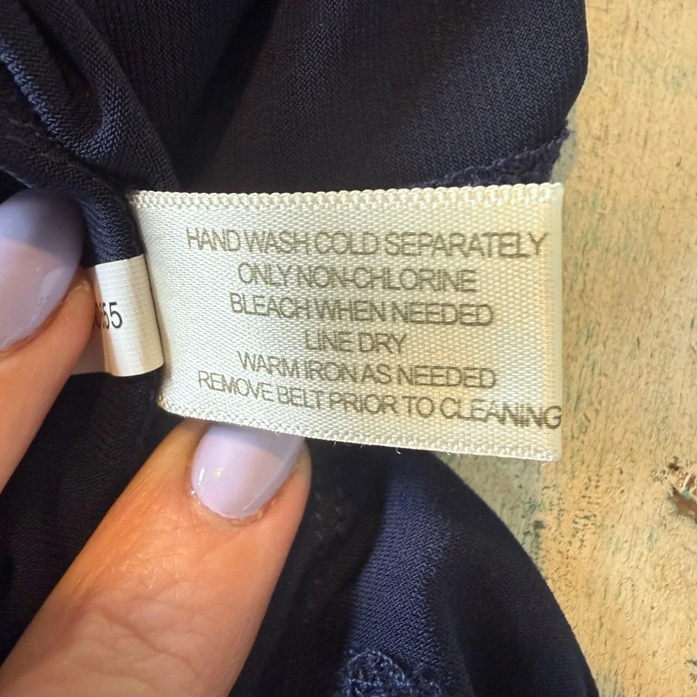 Boston Proper Navy Blue Maxi Dress 3/4 Sleeve Brown Croc Belted Ruched Size M - Picture 7 of 8